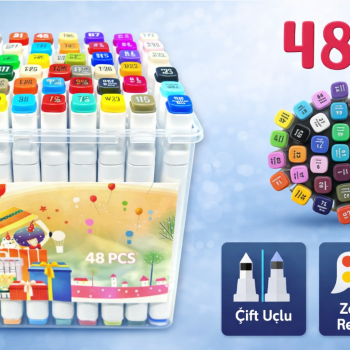 ÇİFT TARAFLI KUTULU MARKER ÇİZİM KALEMİ  48LI