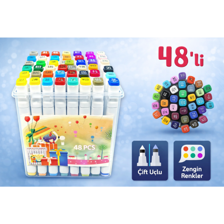 ÇİFT TARAFLI KUTULU MARKER ÇİZİM KALEMİ  48LI
