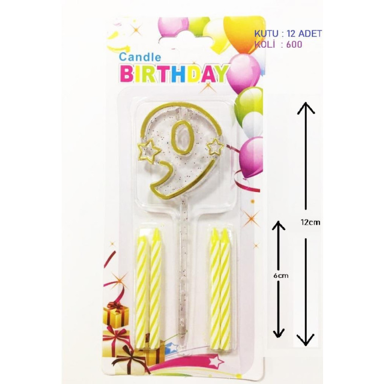 MİKA ŞEFFAF 9 RAKAM GOLD MUM 12CM