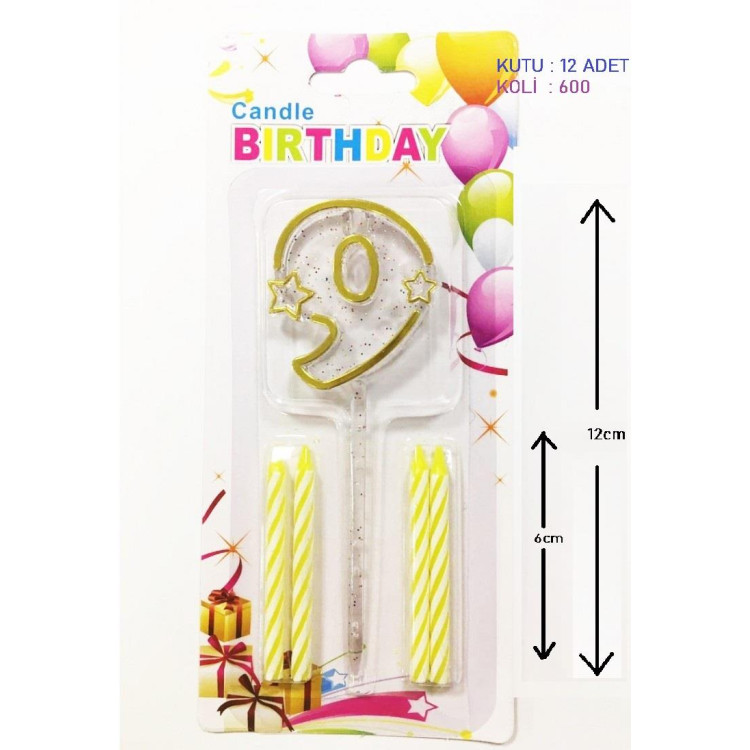 MİKA ŞEFFAF 9 RAKAM GOLD MUM 12CM