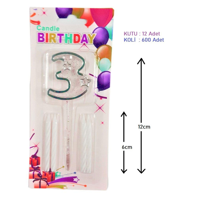 MİKA ŞEFFAF 3 RAKAM GÜMÜŞ MUM 12CM