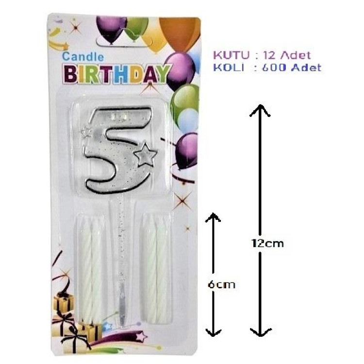 MİKA ŞEFFAF 5 RAKAM GÜMÜŞ MUM 12CM