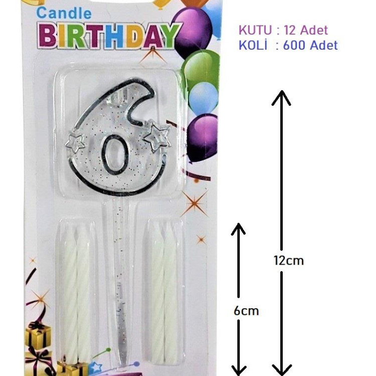 MİKA ŞEFFAF 6 RAKAM GÜMÜŞ MUM 12CM