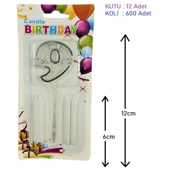 MİKA ŞEFFAF 9 RAKAM GÜMÜŞ MUM 12CM