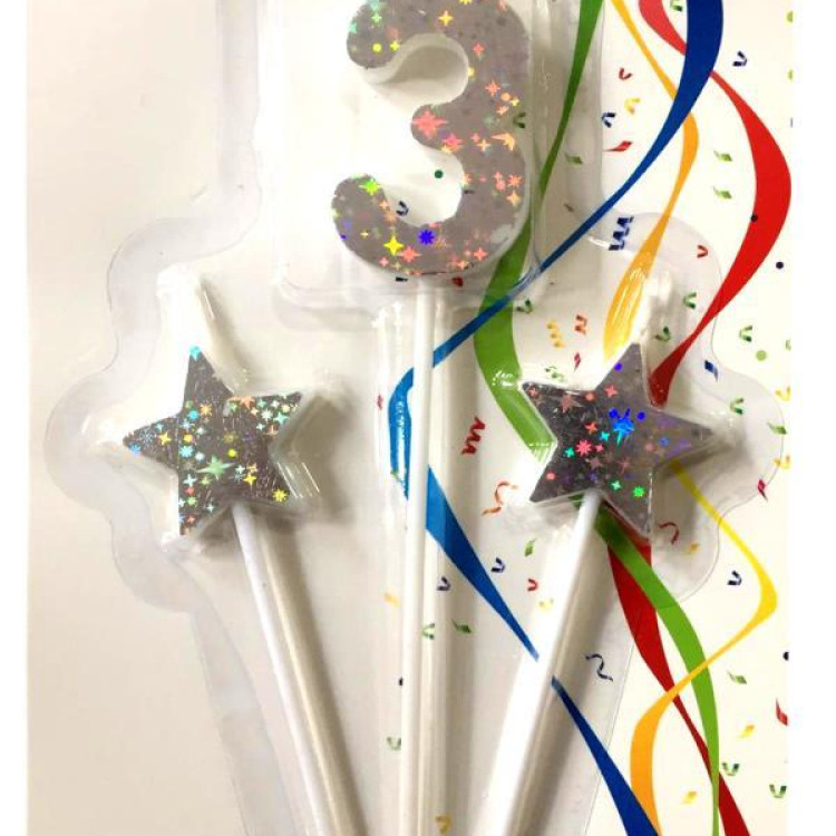 ÇUBUKLU YILDIZLI 3 RAKAM GÜMÜŞ  MUM