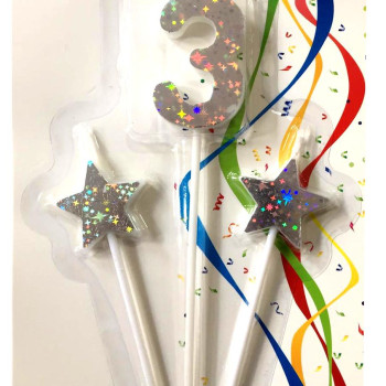 ÇUBUKLU YILDIZLI 3 RAKAM GÜMÜŞ MUM PK:12