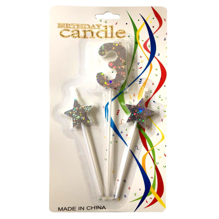 ÇUBUKLU YILDIZLI 3 RAKAM GÜMÜŞ  MUM