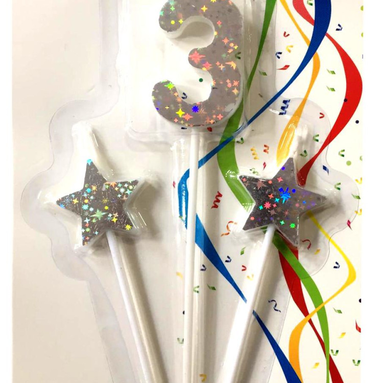 ÇUBUKLU YILDIZLI 3 RAKAM GÜMÜŞ  MUM