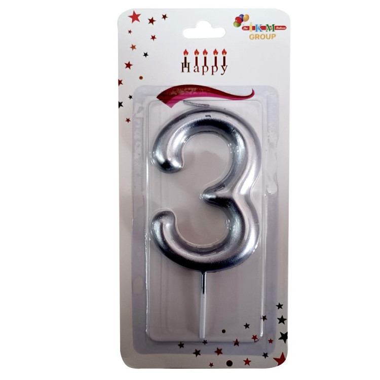 BÜYÜK BOY 3 RAKAM GÜMÜŞ  MUM 13,5CM