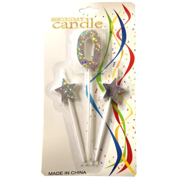 ÇUBUKLU YILDIZLI 0 RAKAM GÜMÜŞ  MUM