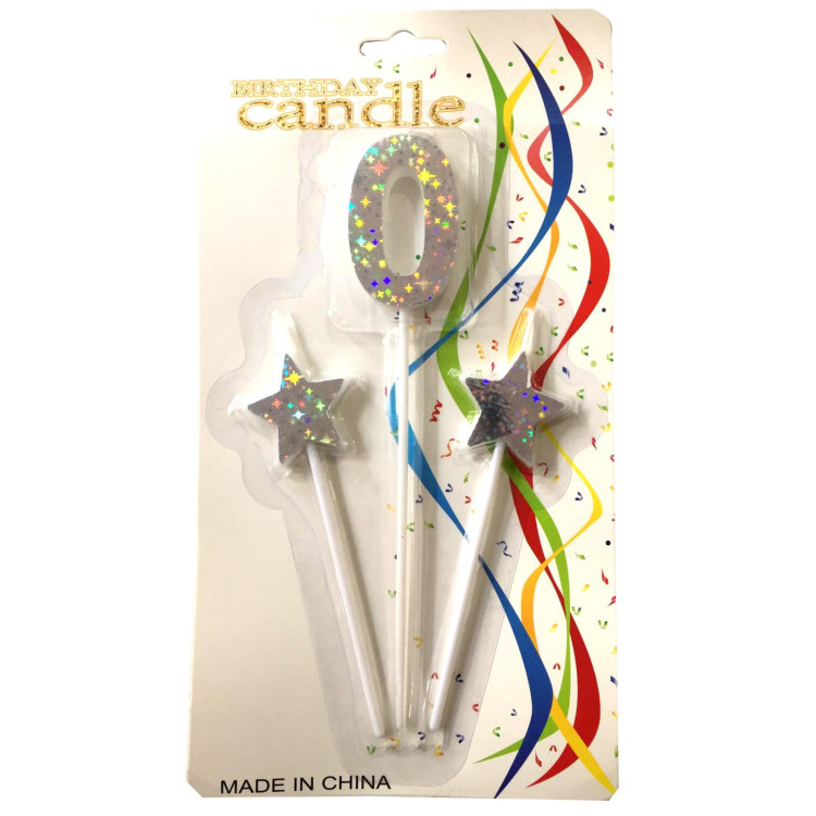 ÇUBUKLU YILDIZLI 0 RAKAM GÜMÜŞ  MUM