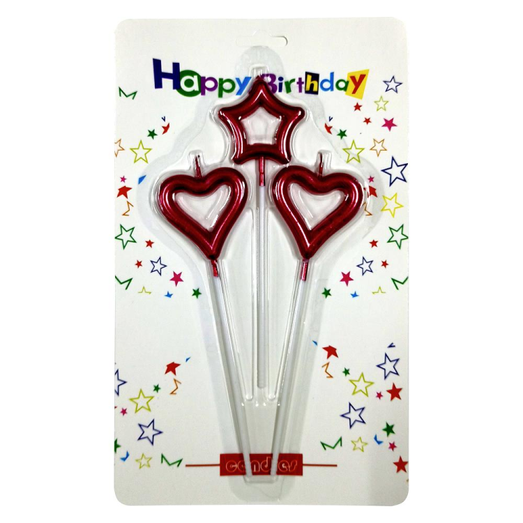 3 LÜ ÇUBUKLU ORTASI BOŞ 1 YILDIZ 2 KALP KIRMIZI MUM