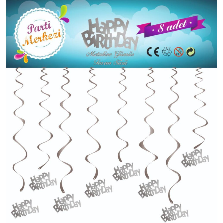 METALİZE GÜMÜŞ HAPPY BİRTHDAY TAVAN SÜSÜ