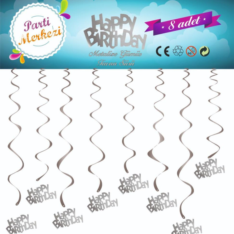 METALİZE GÜMÜŞ HAPPY BİRTHDAY TAVAN SÜSÜ