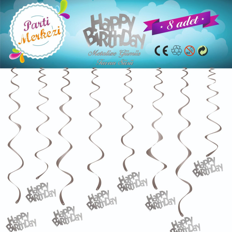 METALİZE GÜMÜŞ HAPPY BİRTHDAY TAVAN SÜSÜ