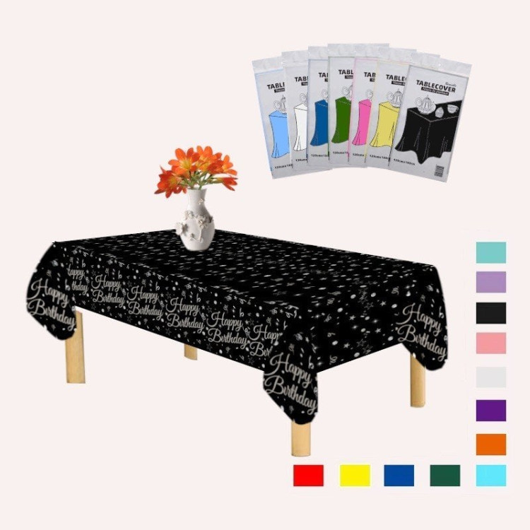 PLASTİK İYİKİ DOĞDUN BASKILI SİYAH ÜSTÜ GÜMÜŞ MASA ÖRTÜSÜ 120*180cm