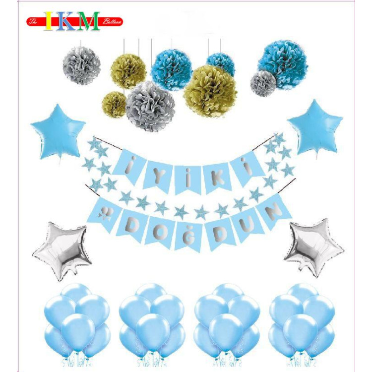 BÜYÜK BANNER İYİKİ DOĞDUN MAVİ ÜSTÜ GÜMÜŞ UZAR YAZI