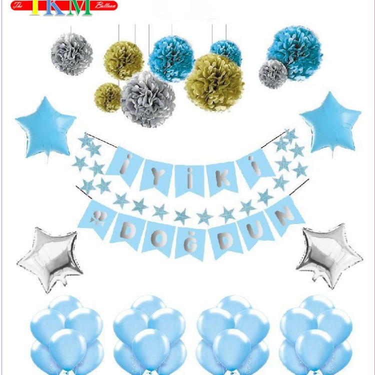 BÜYÜK BANNER İYİKİ DOĞDUN MAVİ ÜSTÜ GÜMÜŞ UZAR YAZI