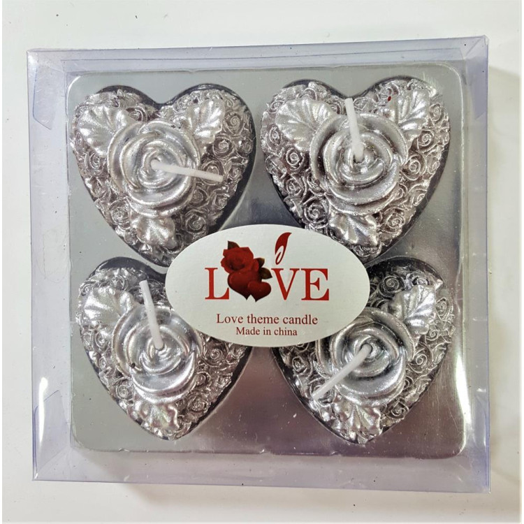 4LÜ KALP ASETAT KUTULU GÜMÜŞ MUM
