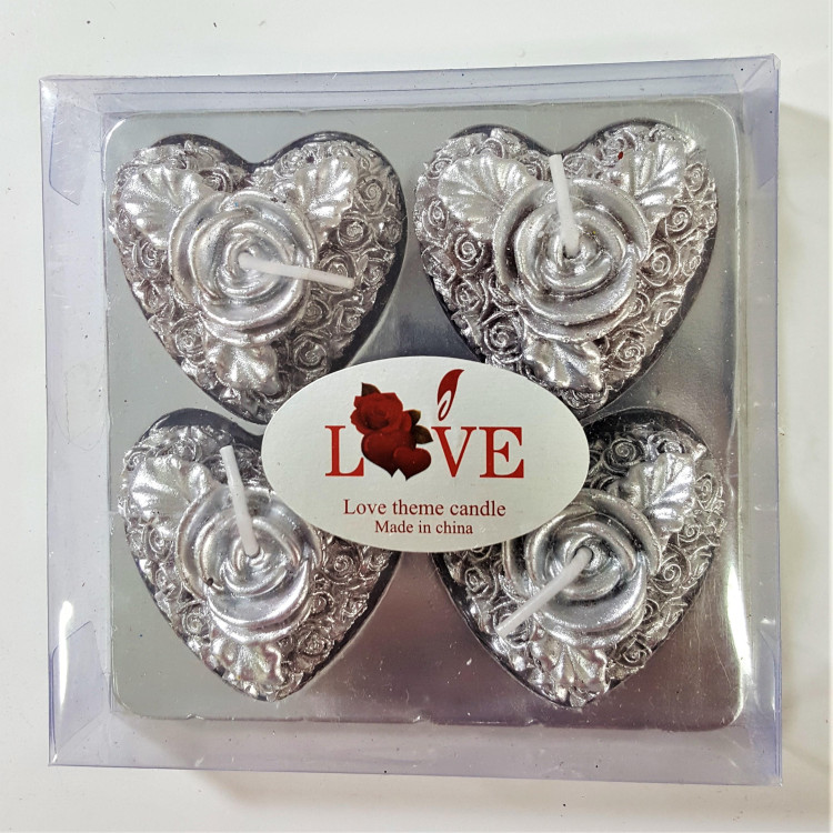 4LÜ KALP ASETAT KUTULU GÜMÜŞ MUM
