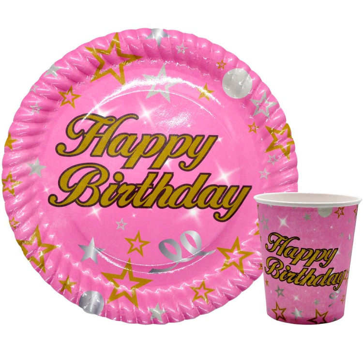 8 Lİ HAPPY BİRTHDAY PEMBE TABAK BARDAK SET
