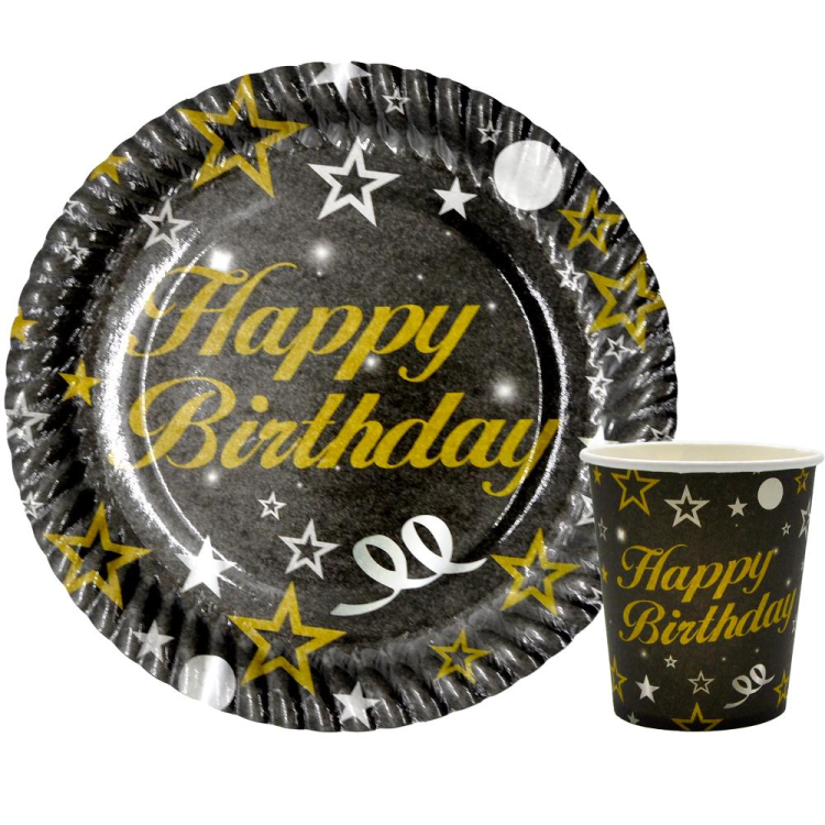 8 Lİ HAPPY BİRTHDAY SİYAH TABAK BARDAK SET