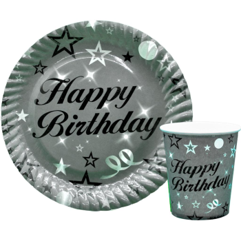 8 Lİ HAPPY BİRTHDAY GÜMÜŞ TABAK BARDAK SET 8 Lİ HAPPY BİRTHDAY GÜMÜŞ TABAK BARDAK SET