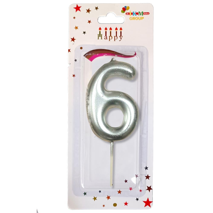 ORTA BOY 6 RAKAM GÜMÜŞ MUM 12CM ORTA BOY 6 RAKAM GÜMÜŞ MUM 12CM