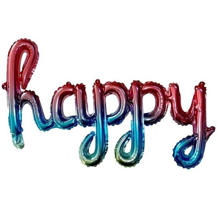 TEKLİ EL YAZILI HAPPY GÖKKUŞAĞI RENK FOLYO BALON