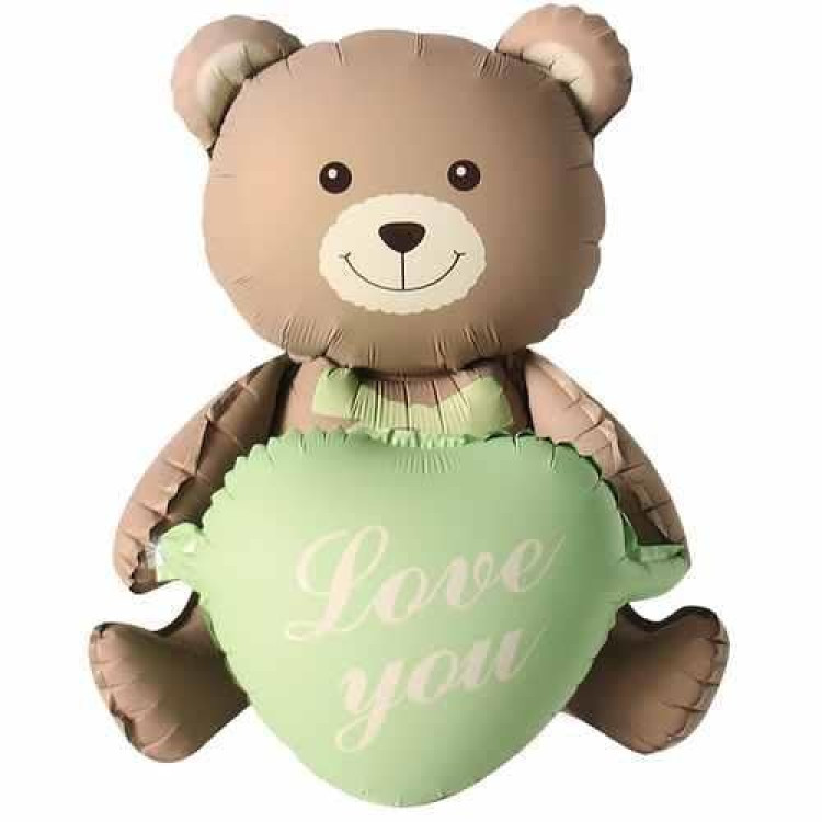 YEŞİL KALPLİ OTURAN AYI FOLYO BALON 105,5*66,5