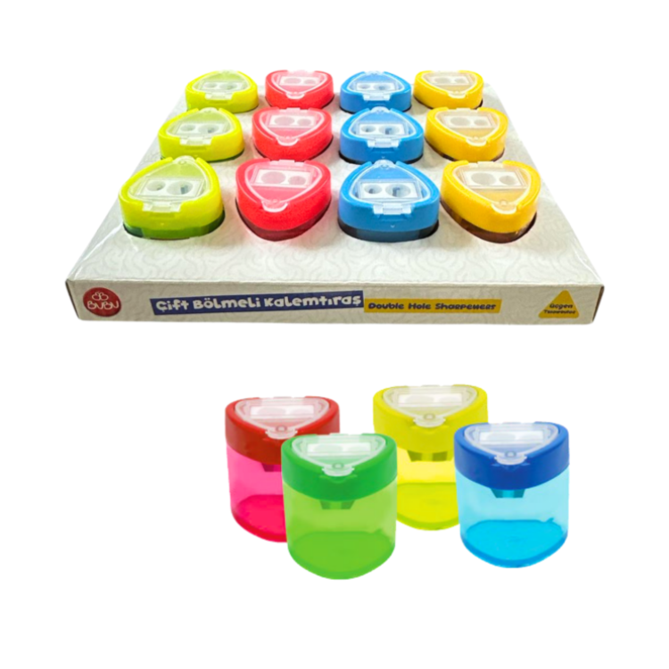 BUBU-KT0002 ŞEFFAF ÜÇGEN KALEMTRAŞ ÇİFT DELİKLİ HAZNELİ 4 RENK 12Lİ PAKET >