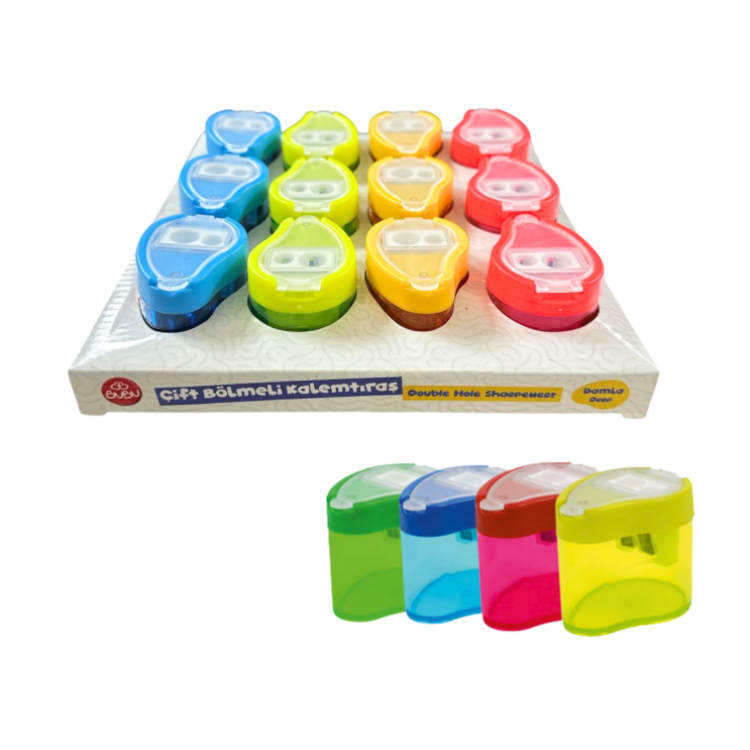 BUBU-KT0004 ŞEFFAF DAMLA KALEMTRAŞ ÇİFT DELİKLİ HAZNELİ 4 RENK 12Lİ PAKET >