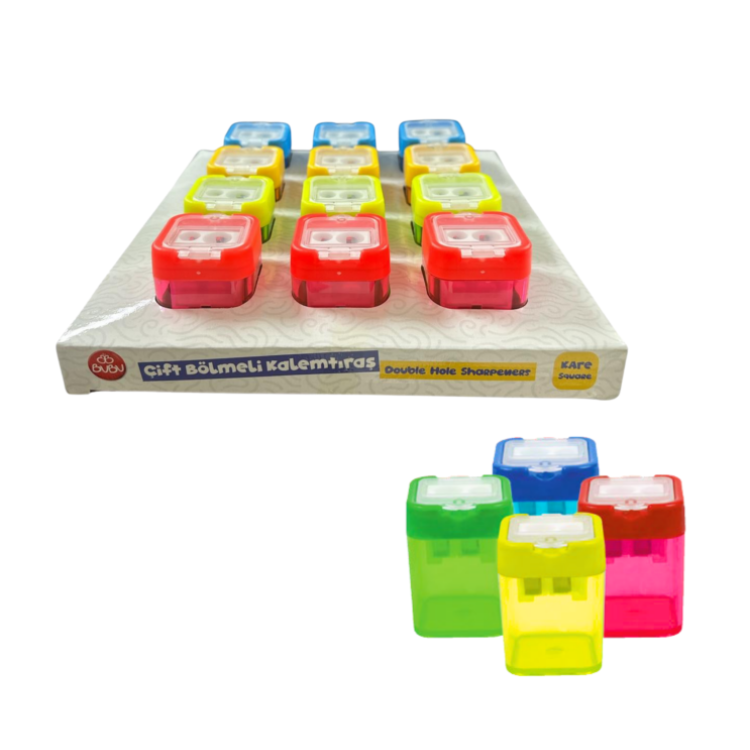BUBU-KT0007 ŞEFFAF KARE KALEMTRAŞ ÇİFT DELİKLİ HAZNELİ 4 RENK 12Lİ PAKET >