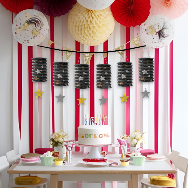 Kağıt Fener Sıralı Süs Siyah Altın -KF113- Kağıt Fener Sıralı Süs Siyah Altın -KF113-