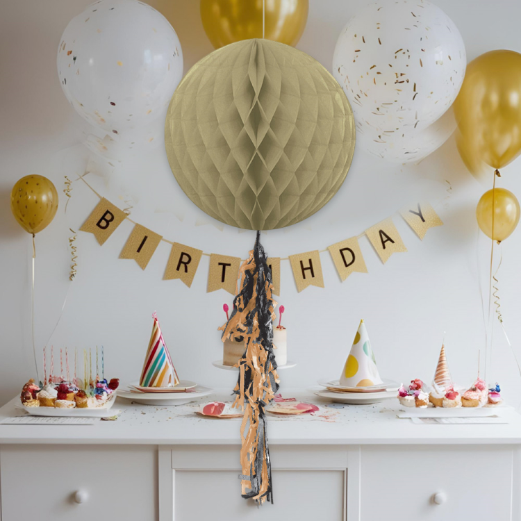 KF091 Altın Püsküllü Petekli Kağıt Süs 30cm