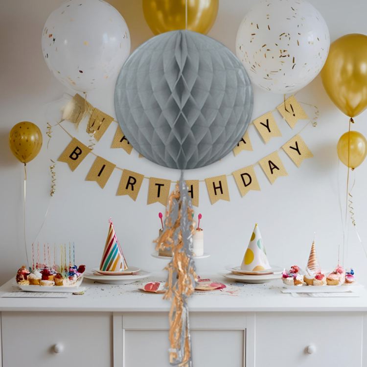 KF091 Gümüş Püsküllü Petekli Kağıt Süs 30cm