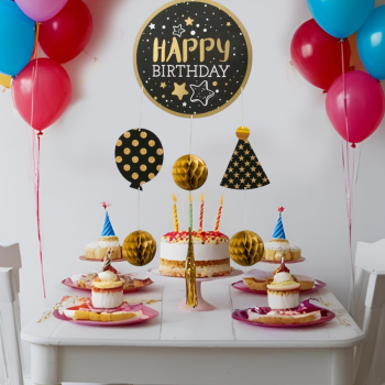 Kağıt Sarkıt Süs Happy Birthday Siyah Altın -KF127 Kağıt Sarkıt Süs Happy Birthday Siyah Altın -KF127