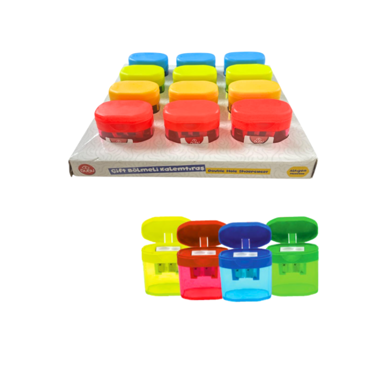 ERN-401 ŞEFFAF ALTIGEN KALEMTRAŞ ÇİFT DELİKLİ HAZNELİ 4 RENK 12'Lİ PAKET