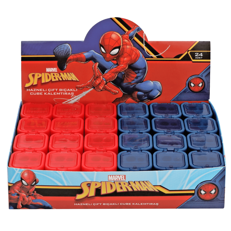 KAMP.SPIDERMAN HAZNELİ ÇİFT BIÇAKLI CUBE KALEMTIRAŞ WEB1-WEB2 24'LÜ ^*30