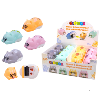 GLOBOX 3822 SİLGİ VE KALEMTRAŞ SETİ 16'LI(KEDİ)