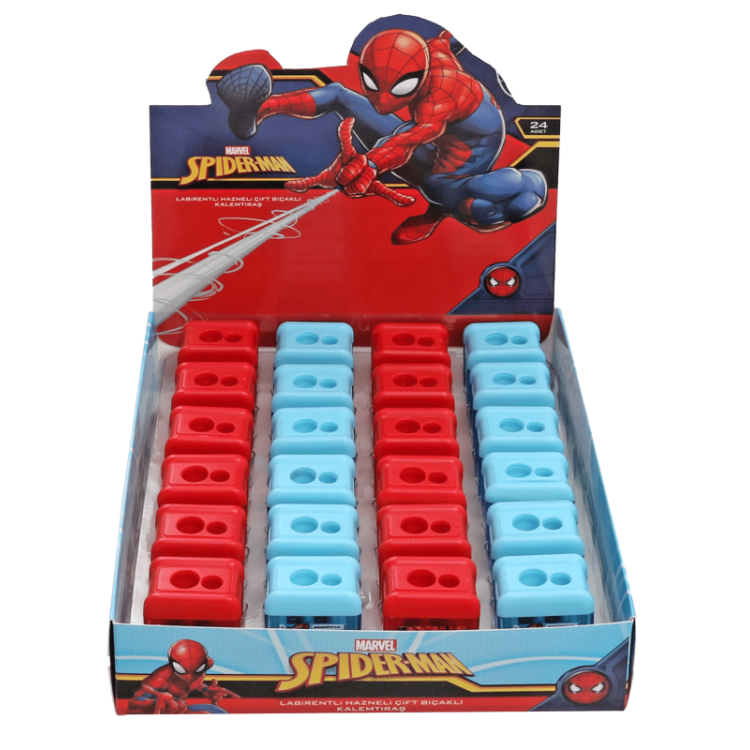 KAMP.SPIDERMAN LABİRENTLİ HAZNELİ ÇİFT BIÇAKLI KALEMTIRAŞ TECH 24'LÜ ^*720