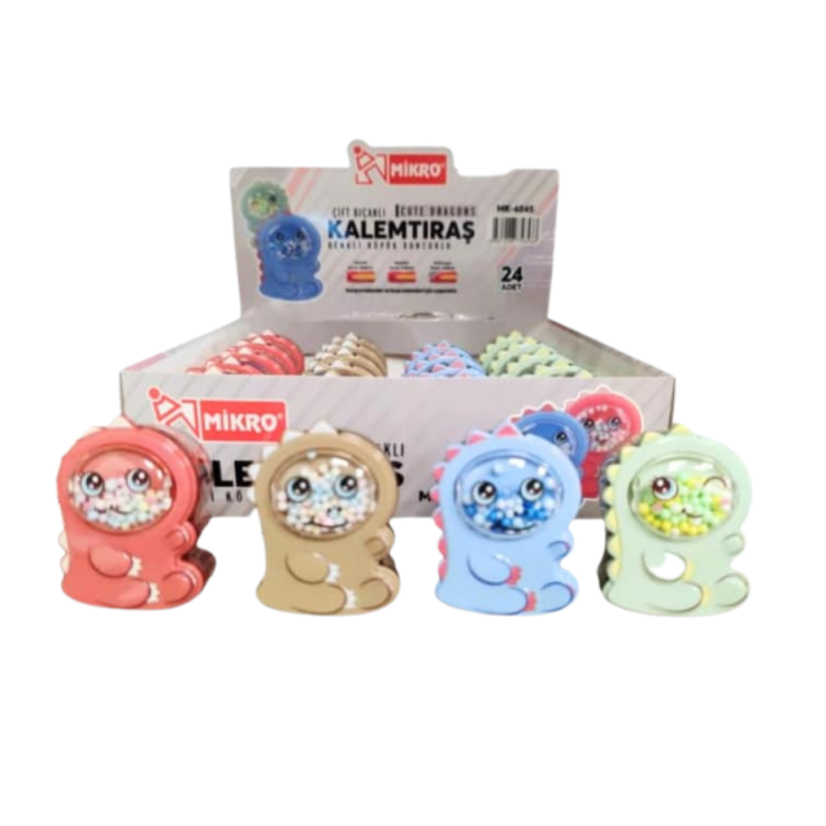 MİKRO MK-4045 CUTE DRAGONS ÇİFT BIÇAKLI KALEMTRAŞ RENKLİ KÖPÜK BONCUKLU 24LÜ *24