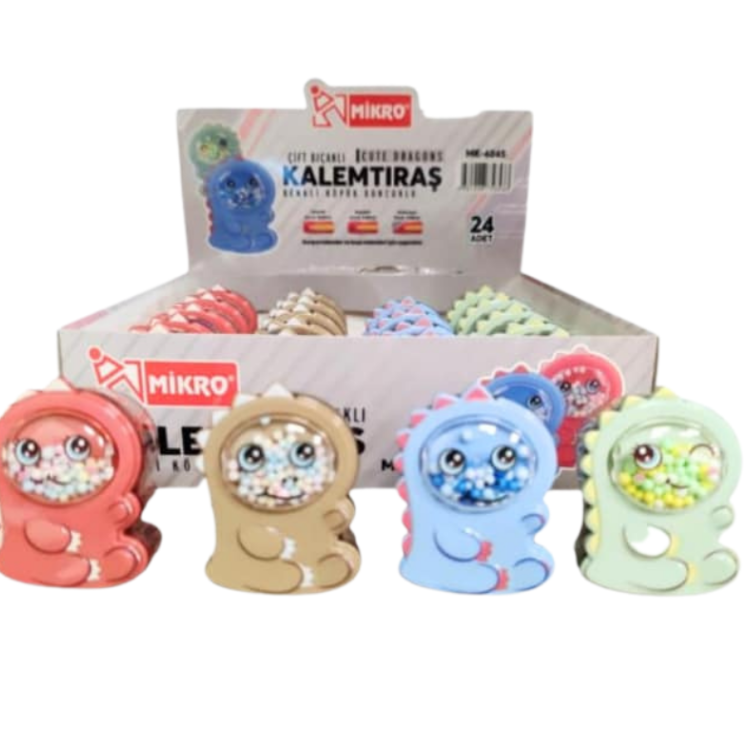 MİKRO MK-4045 CUTE DRAGONS ÇİFT BIÇAKLI KALEMTRAŞ RENKLİ KÖPÜK BONCUKLU 24LÜ *24