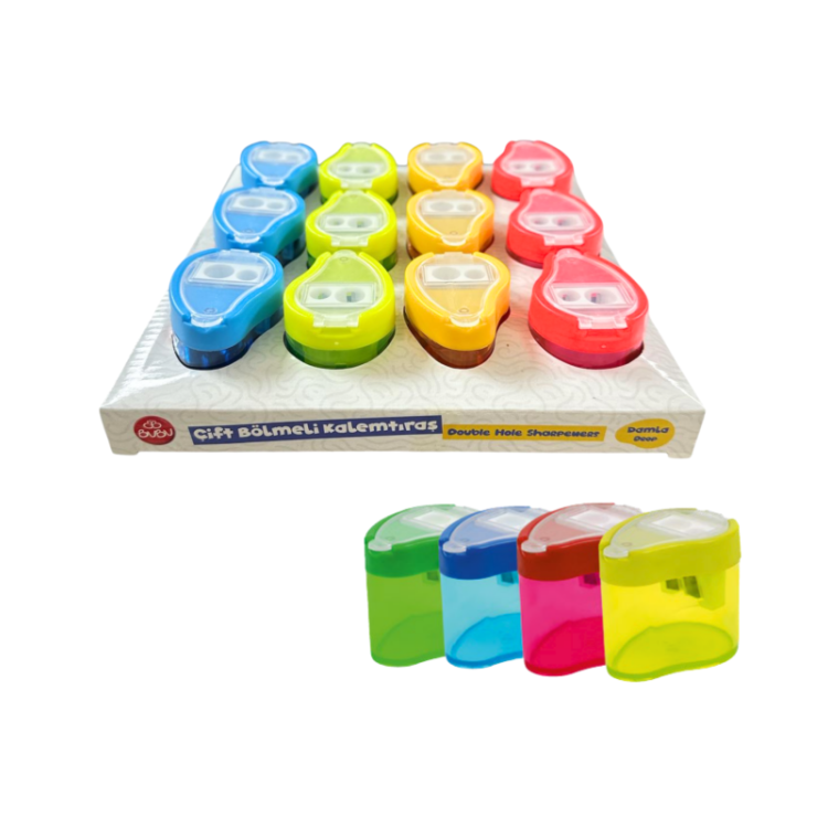BUBU-KT0004 ŞEFFAF DAMLA KALEMTRAŞ ÇİFT DELİKLİ HAZNELİ 4 RENK 12Lİ PAKET >