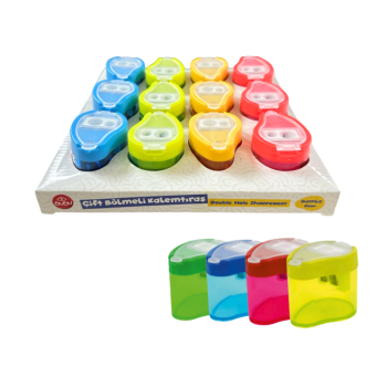BUBU-KT0004 ŞEFFAF DAMLA KALEMTRAŞ ÇİFT DELİKLİ HAZNELİ 4 RENK 12'Lİ PAKET >