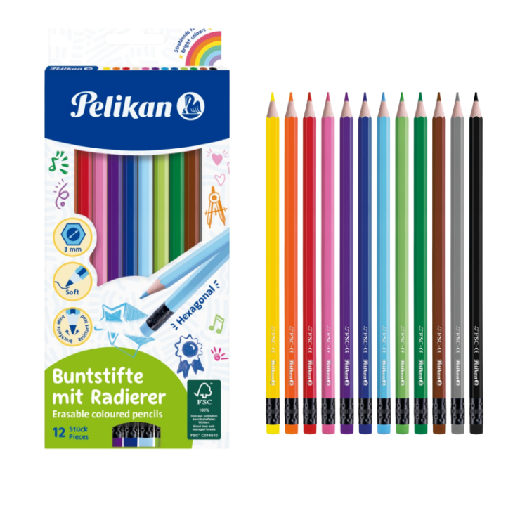 PELİKAN 12 RENK SİLGİLİ KURU BOYA 10'LU PKT.