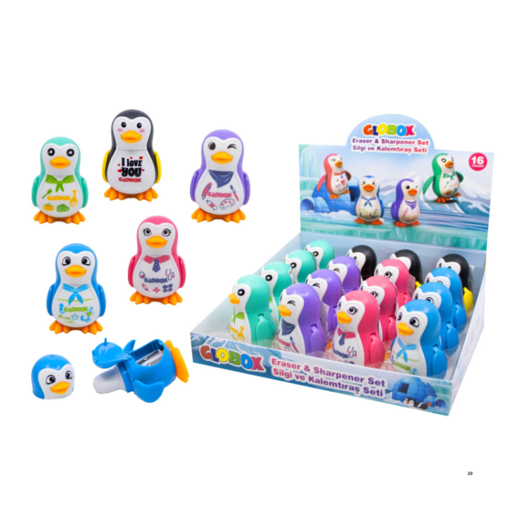 GLOBOX 3819 SİLGİ VE KALEMTRAŞ SETİ 16LI(PENGUEN)