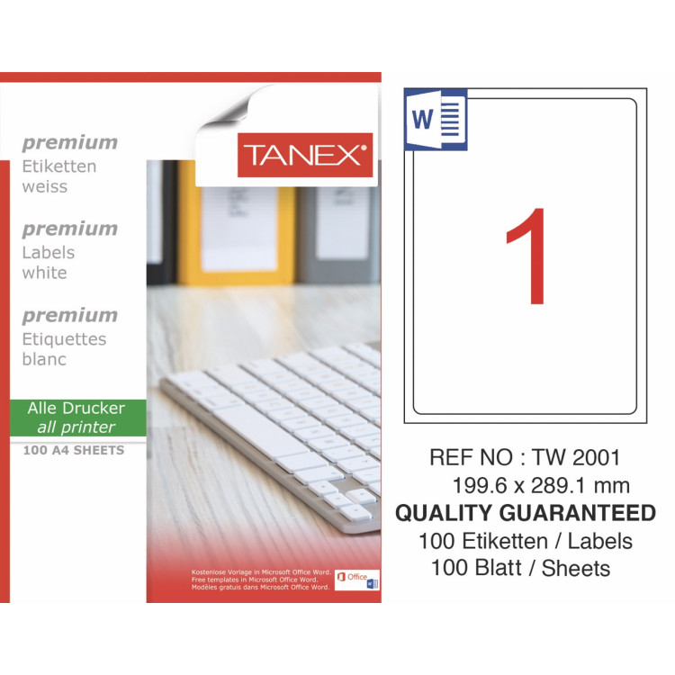 TANEX TW-2001 LAZER ETİKET 199,6X289,1MM 100LÜ *20