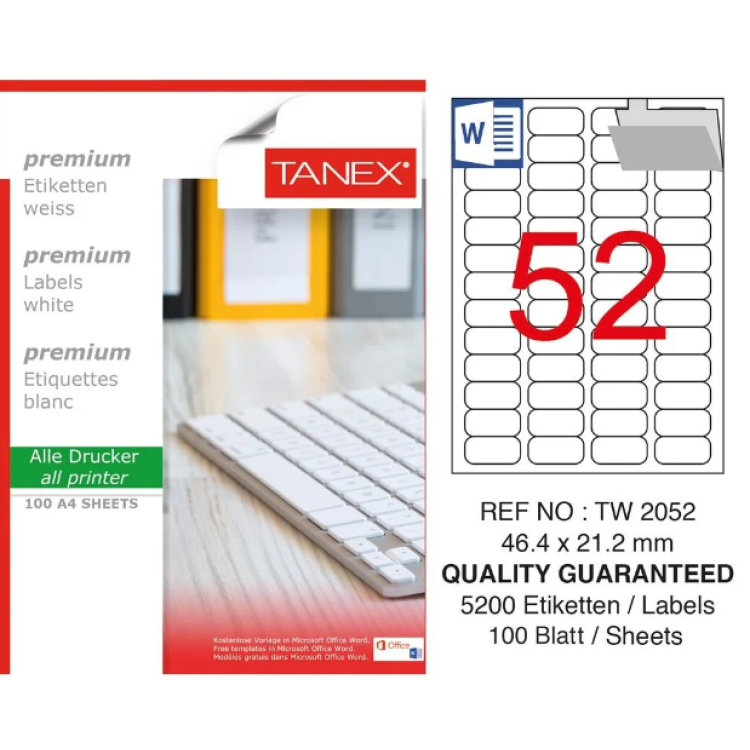 TANEX TW-2052 LAZER ETİKET 46,4*21,2MM 100LÜ *20 TANEX TW-2052 LAZER ETİKET 46,4*21,2MM 100LÜ *20