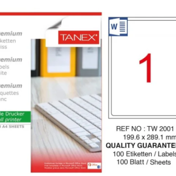 TANEX TW-2001 LAZER ETİKET 199,6X289,1MM 100'LÜ *2 TANEX TW-2001 LAZER ETİKET 199,6X289,1MM 100'LÜ *2